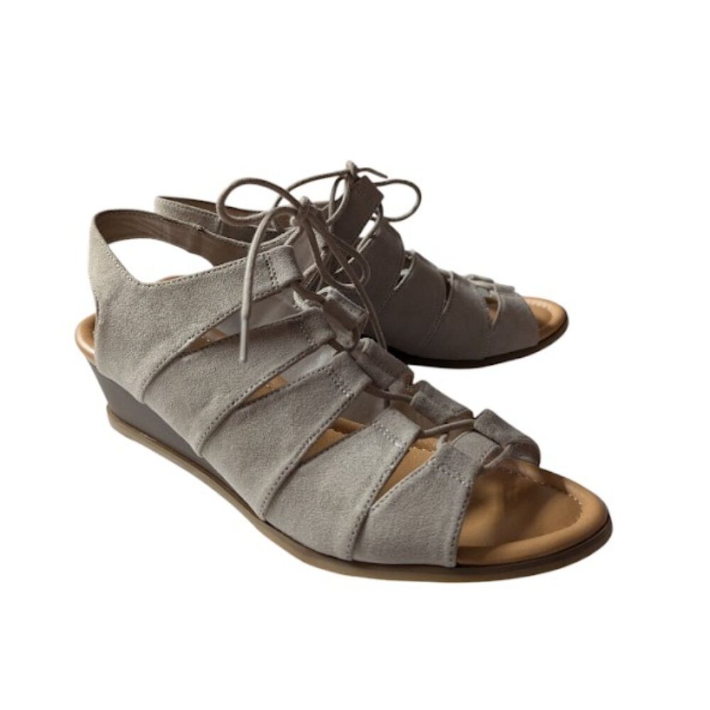 Dr. Scholls Womens Taupe Fabric Lace Up Open Toe Heel Wedge Sandal Size 9.5 NWOB